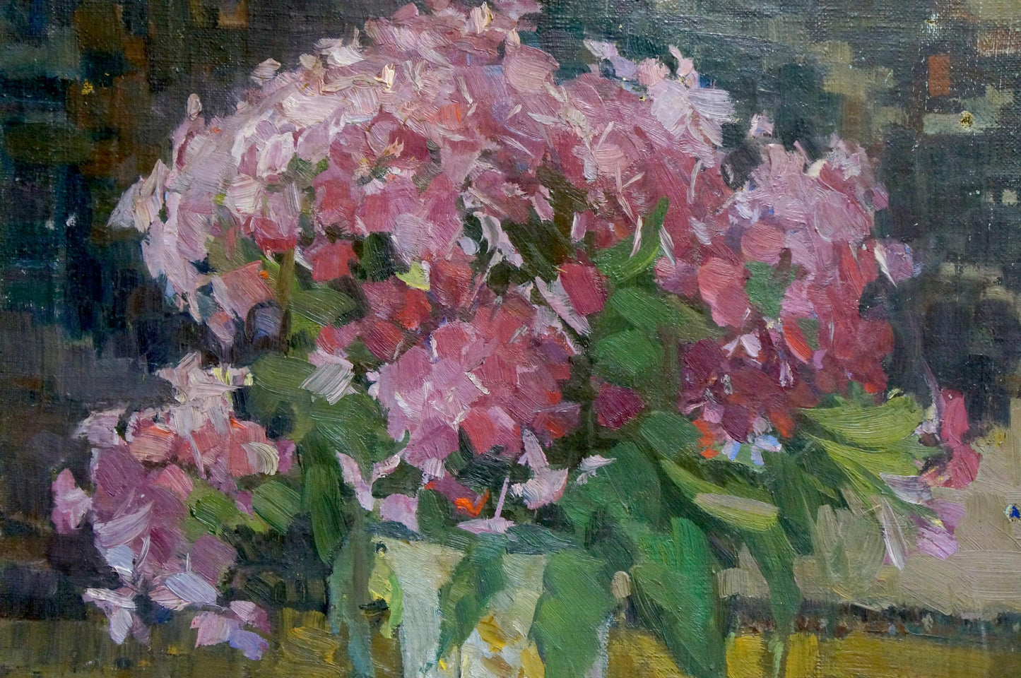 Oil painting of vibrant pink hydrangeas in light ceramic vase