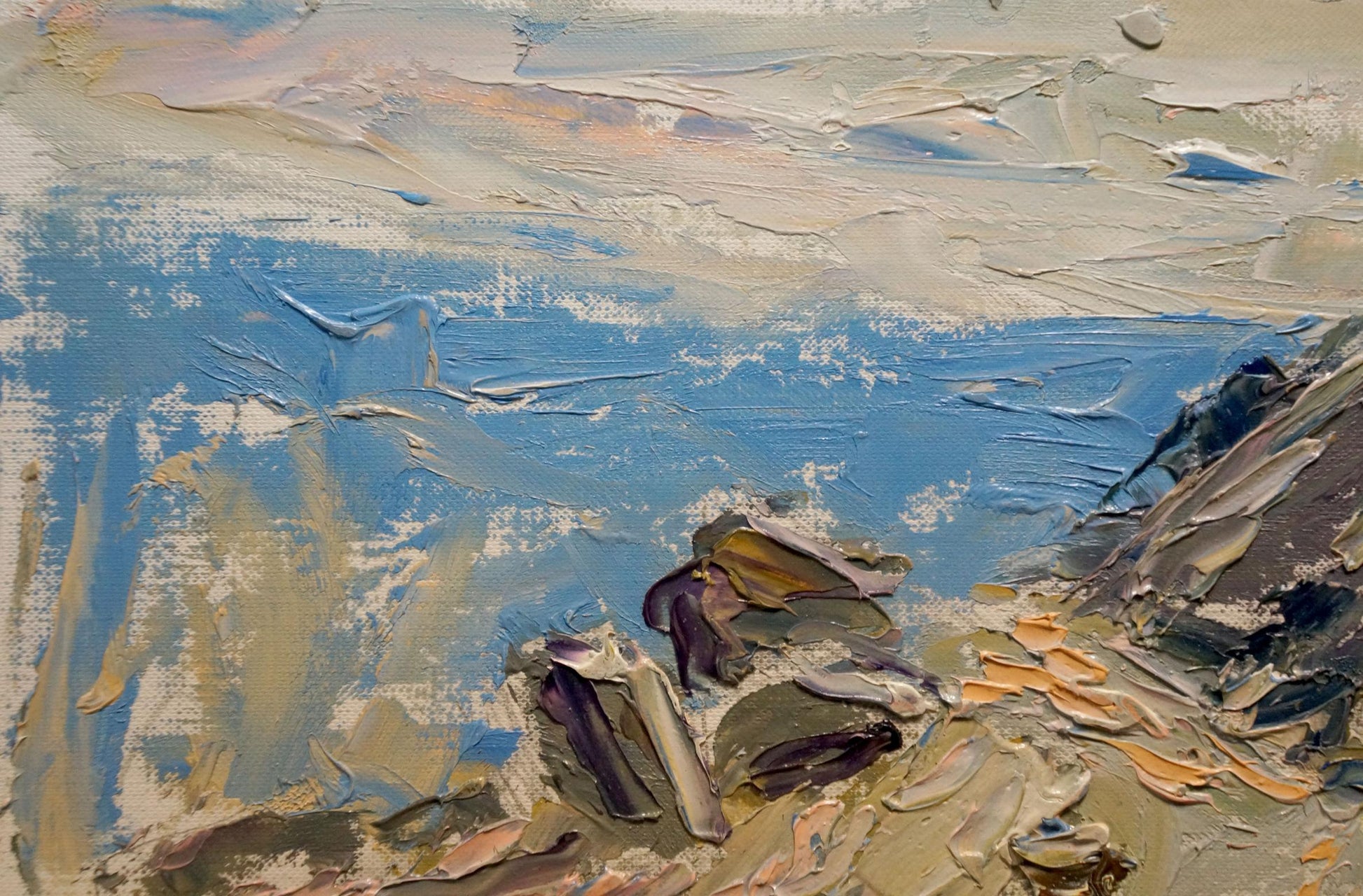 Textured impressionist oil painting of coastal sea views by Endeberya Victor