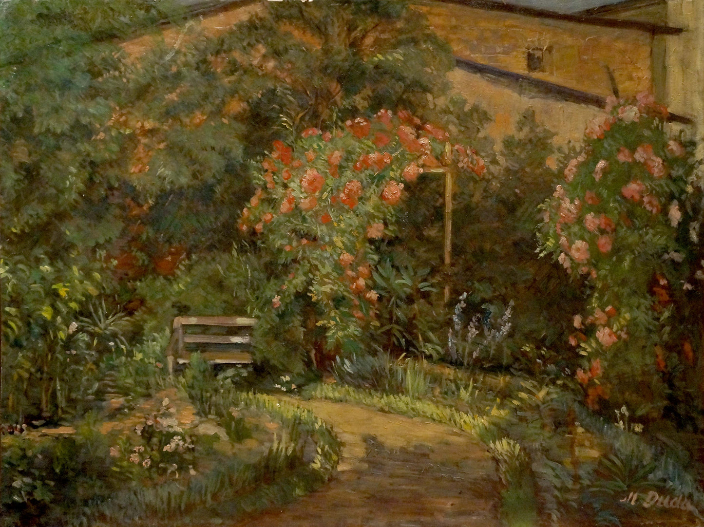 Oil painting Garden blooms by Miron Duda: rustic bench in lush rose garden