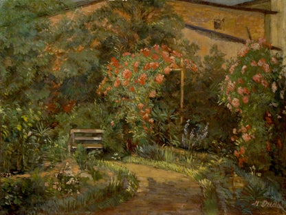 Oil painting Garden blooms by Miron Duda: rustic bench in lush rose garden