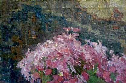 Vibrant pink hydrangeas in vase, impressionistic oil painting with textured brushstrokes