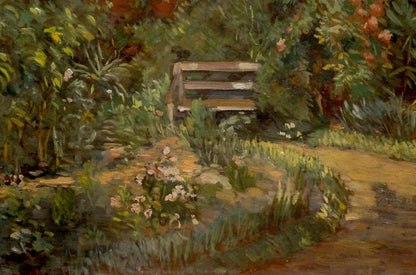 Oil painting of weathered bench in lush garden blooms by Miron Duda