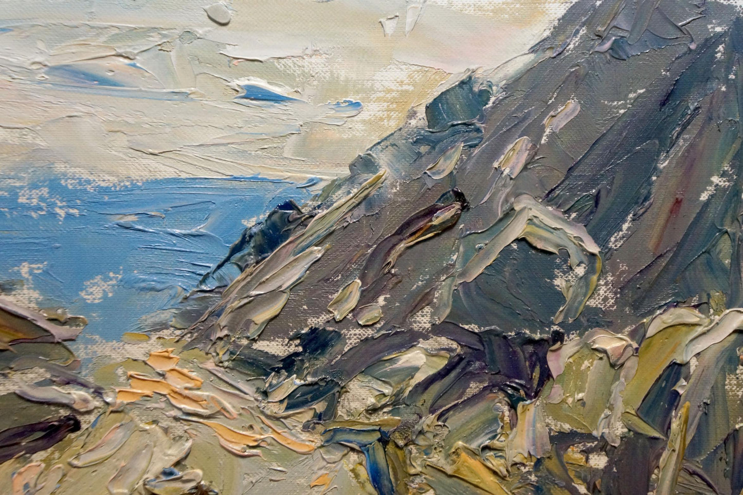 Impasto oil painting of textured mountain sea views by Endeberya Victor
