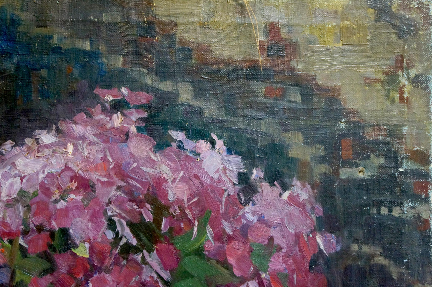 Vibrant pink hydrangeas in vase oil painting, impressionistic style