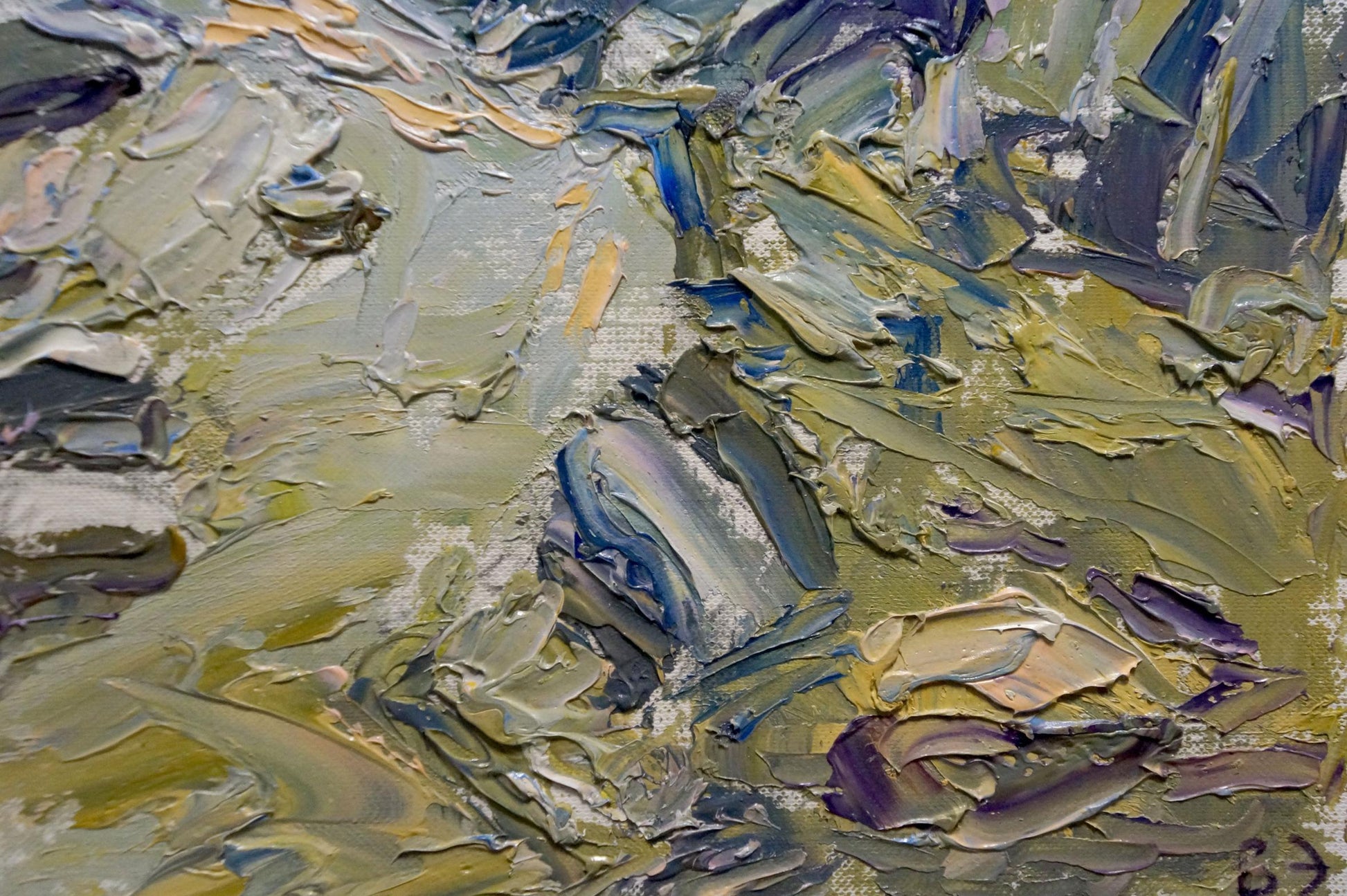 Oil painting with sea views by Endeberya Victor, impasto greens, blues, purples