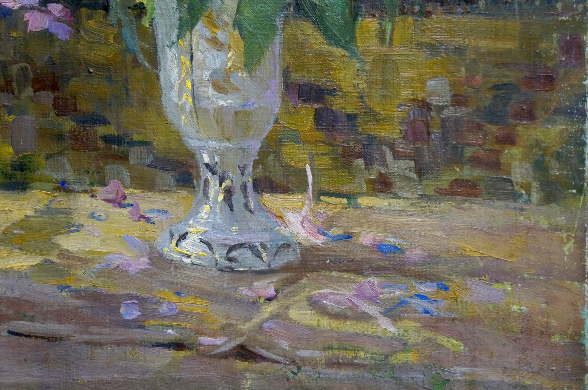 Oil painting of flowers in clear patterned glass vase