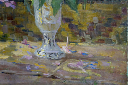 Oil painting of flowers in clear patterned glass vase