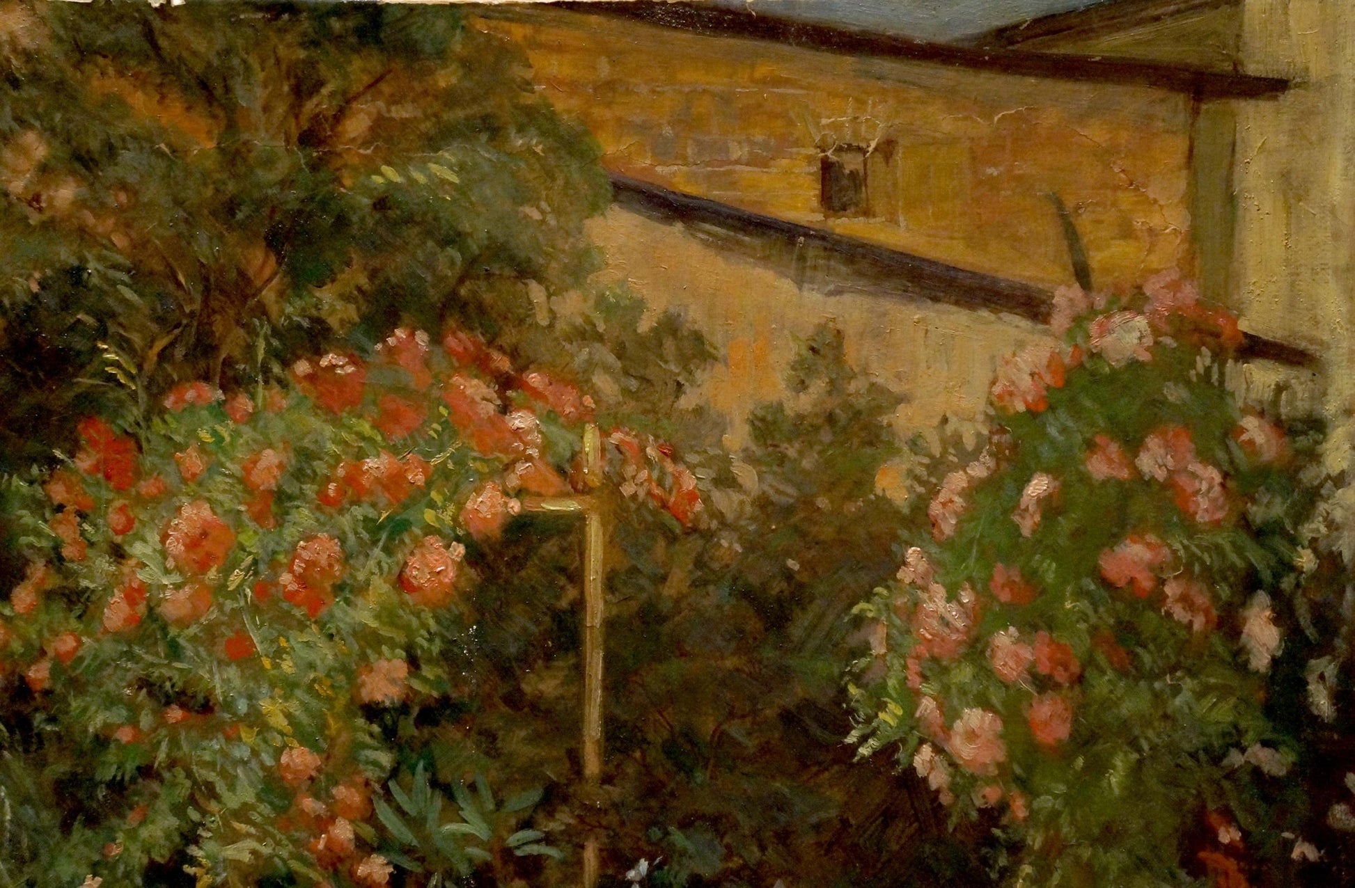 Oil painting Garden blooms by Miron Duda: golden cross amid roses
