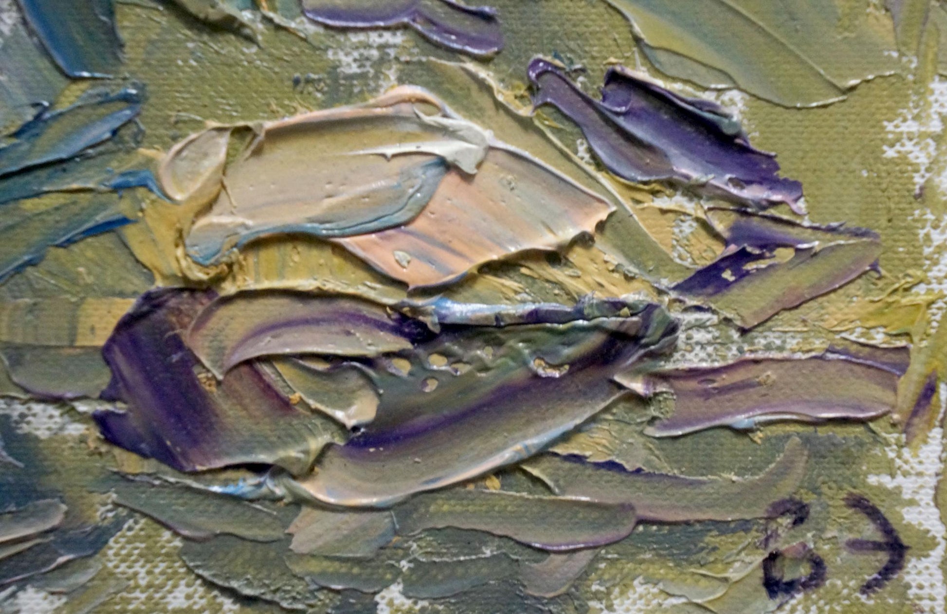 Oil painting with sea views by Endeberya Victor, impasto olive green, purple, beige