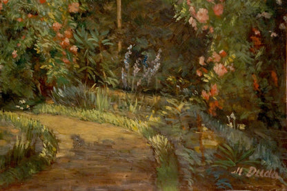 Oil painting Garden blooms by Miron Duda: lush impressionistic pink flowers