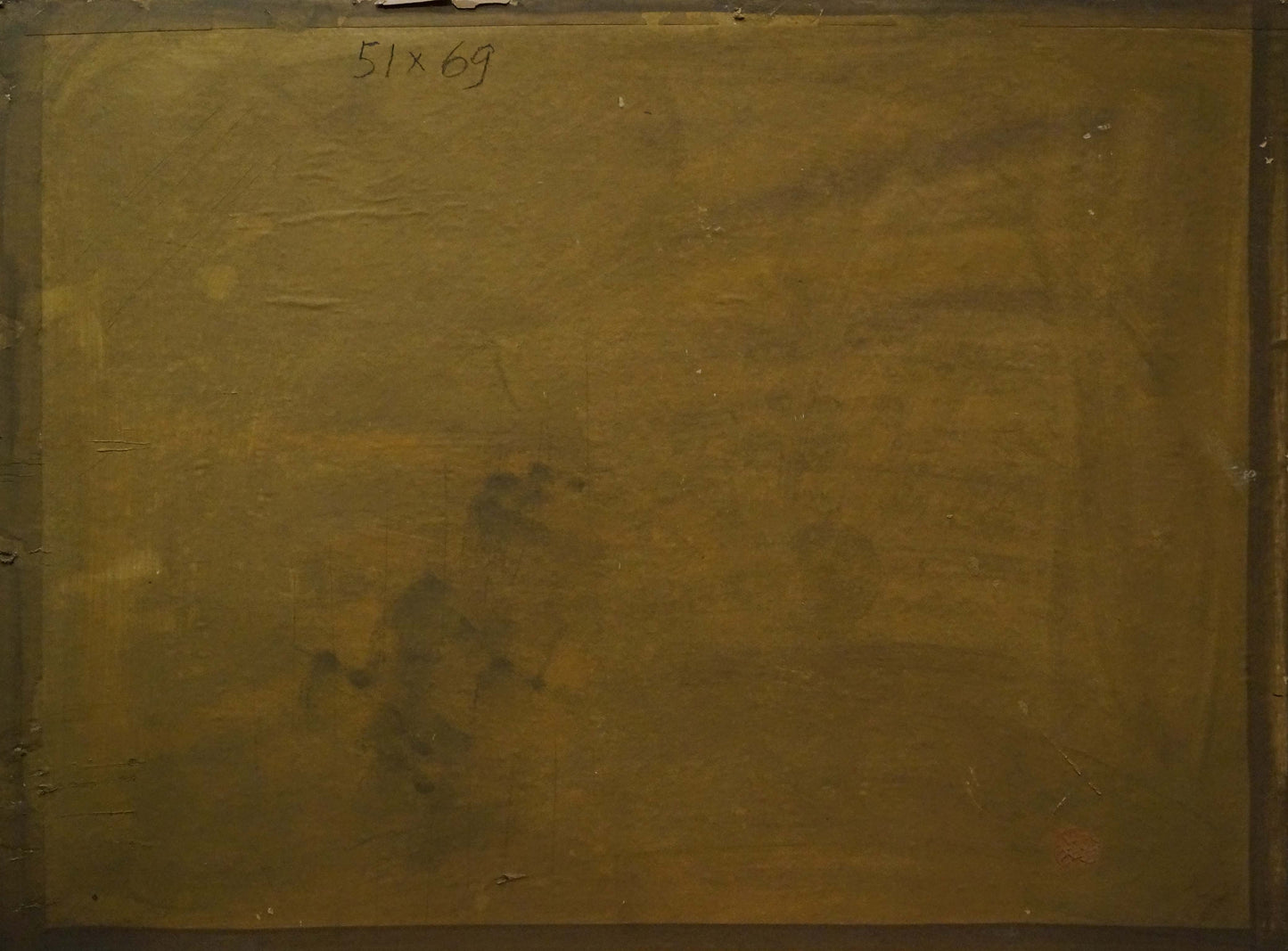 Back of framed Oil painting Garden blooms Miron Duda with olive-green textured canvas