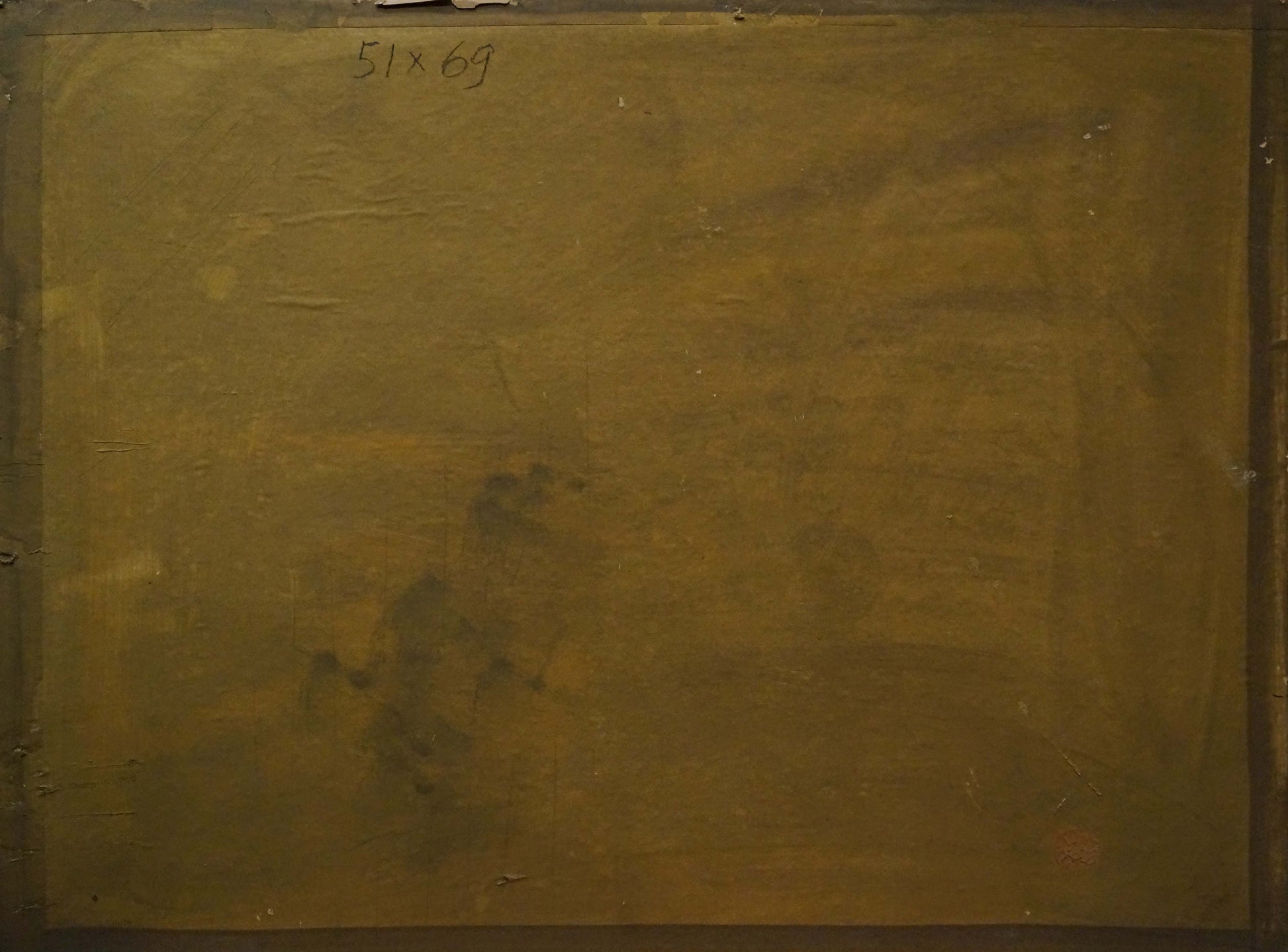 Back of framed Oil painting Garden blooms Miron Duda with olive-green textured canvas