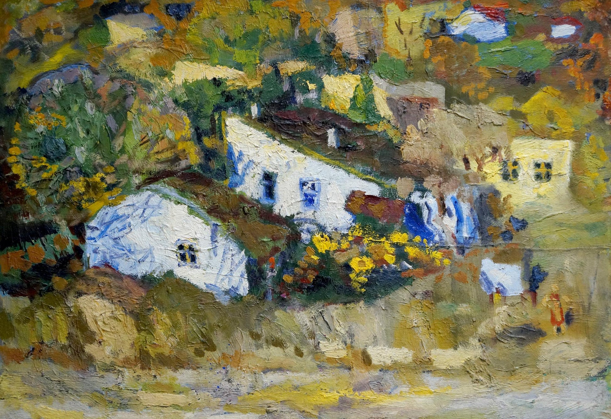 Oil painting At home: impressionistic village with white houses, yellow flowers, autumn trees