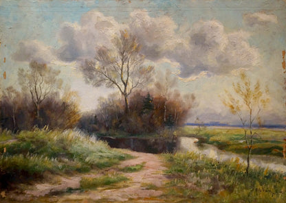 Oil painting After the Rain: serene path through lush greenery, bare trees, clouds