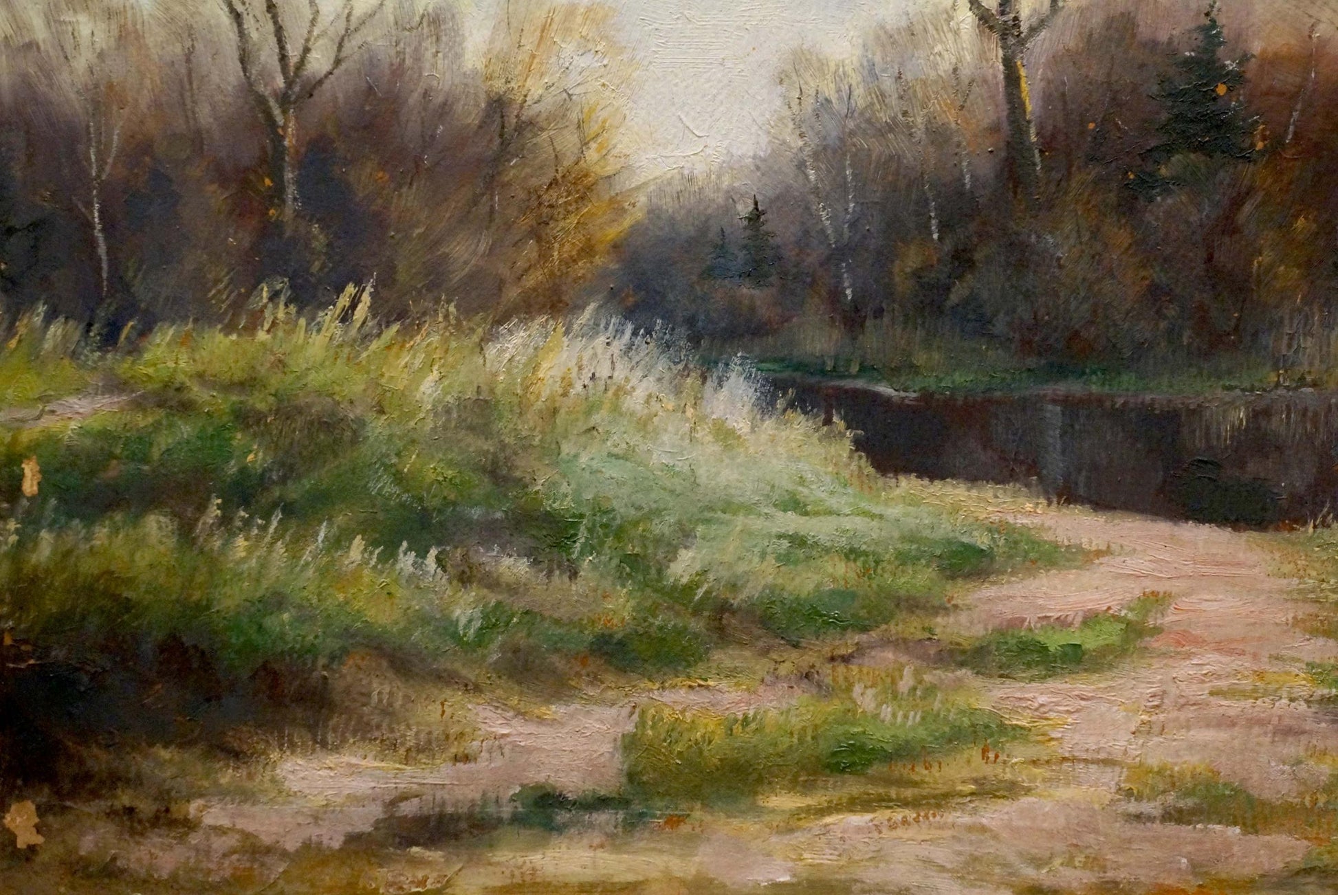 Oil painting After the rain: serene textured autumn landscape after rain
