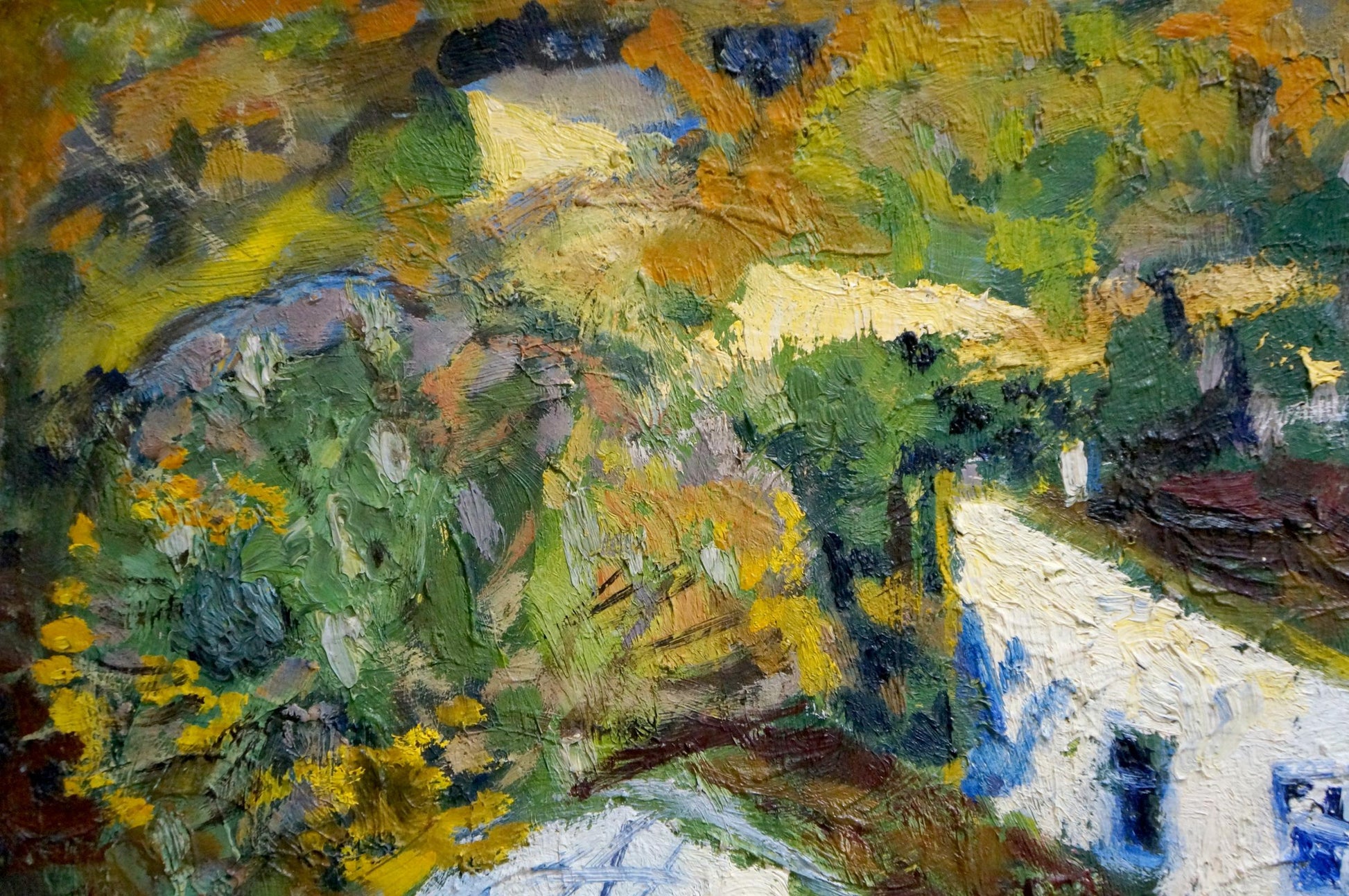 Vibrant impressionist oil painting At home of white building with blue accents in lush foliage