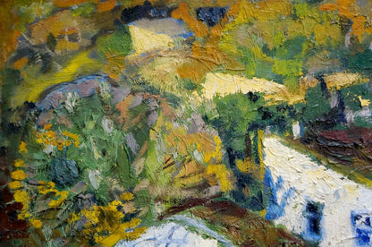 Vibrant impressionist oil painting At home of white building with blue accents in lush foliage