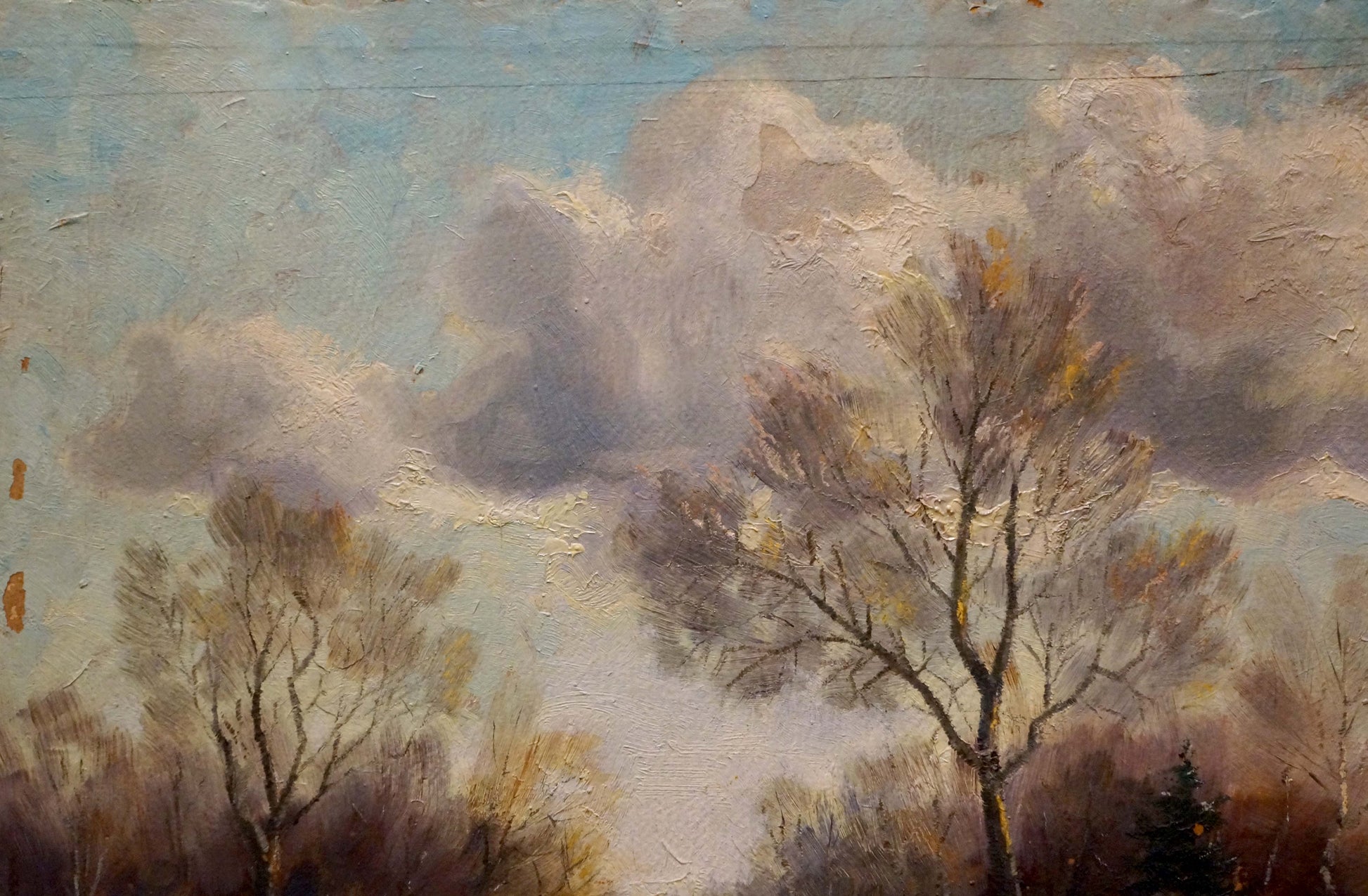 Oil painting After the rain: serene sky, billowing clouds over bare trees