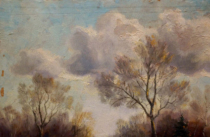 Oil painting After the rain: serene sky, billowing clouds over bare trees