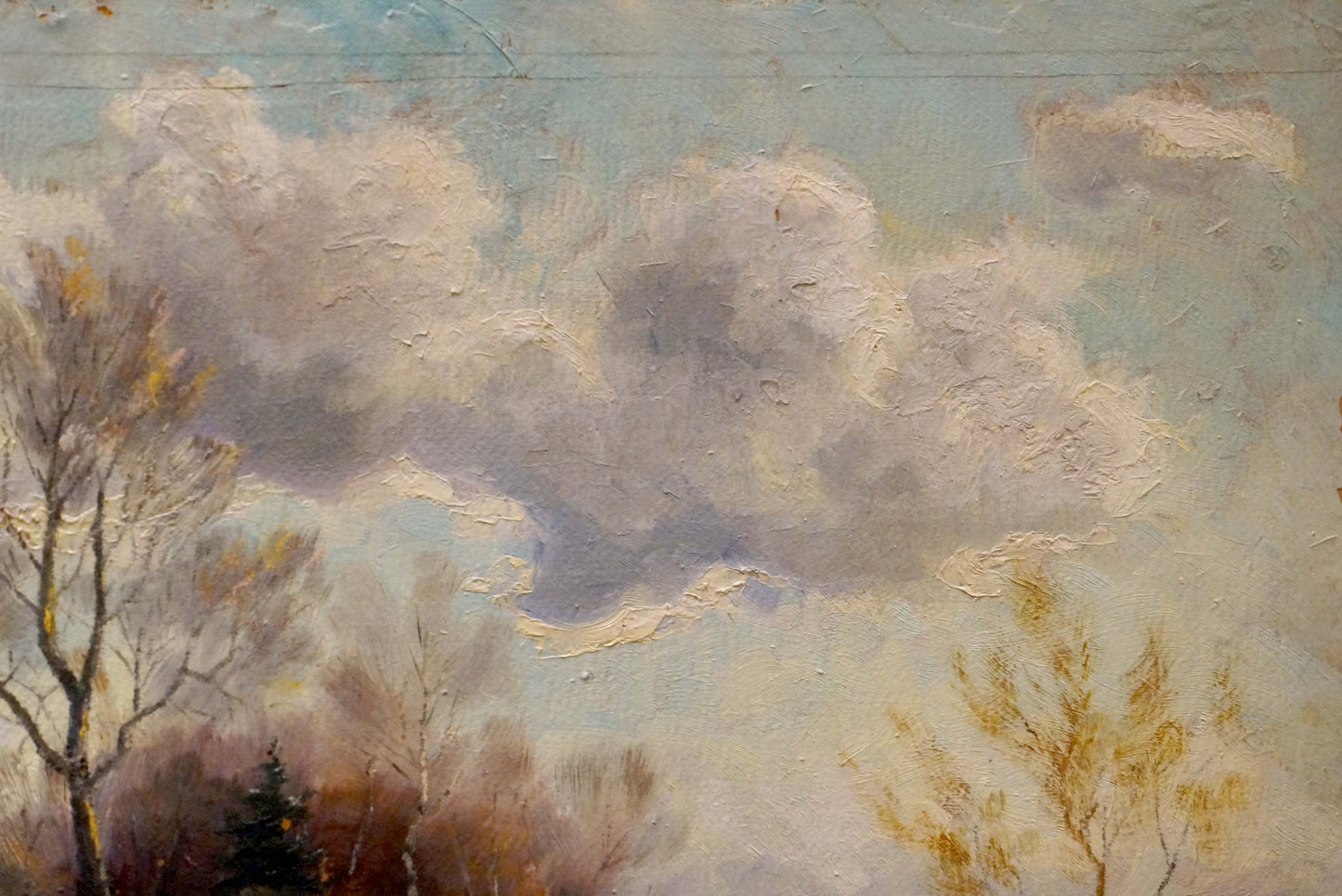 Oil painting After the Rain: impressionistic sky with fluffy clouds