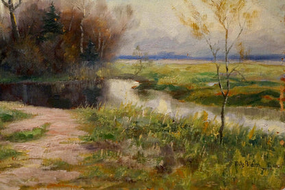Oil painting After the rain: autumnal landscape with winding river and golden foliage