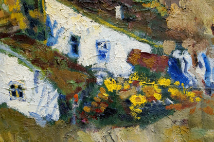 Oil painting At home: impressionistic white cottage with blue windows amid yellow flowers