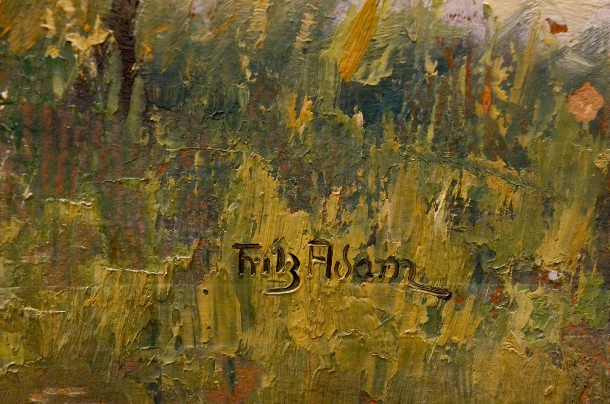 Back of Oil painting After the rain with Fritz Adam signature on green yellow canvas