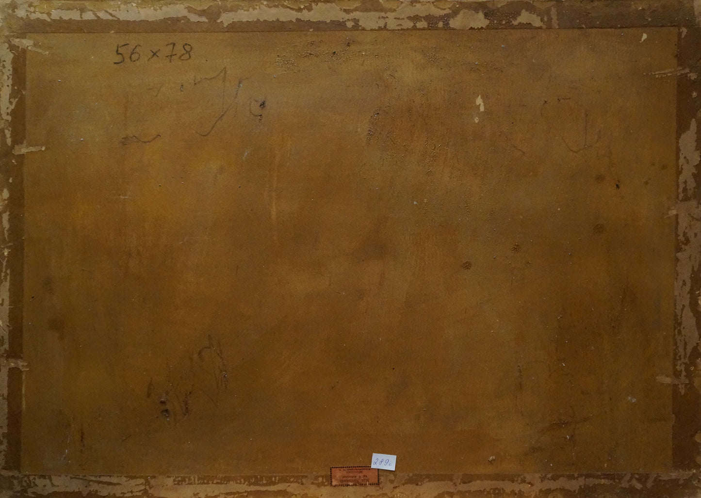 Back of framed Oil painting After the rain with weathered brownish-yellow canvas