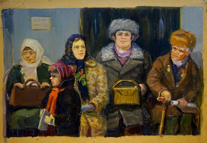 Oil painting by Popov Igor Alexandrovich: woman in dark fur-trim coat with mustard-yellow woven handbag