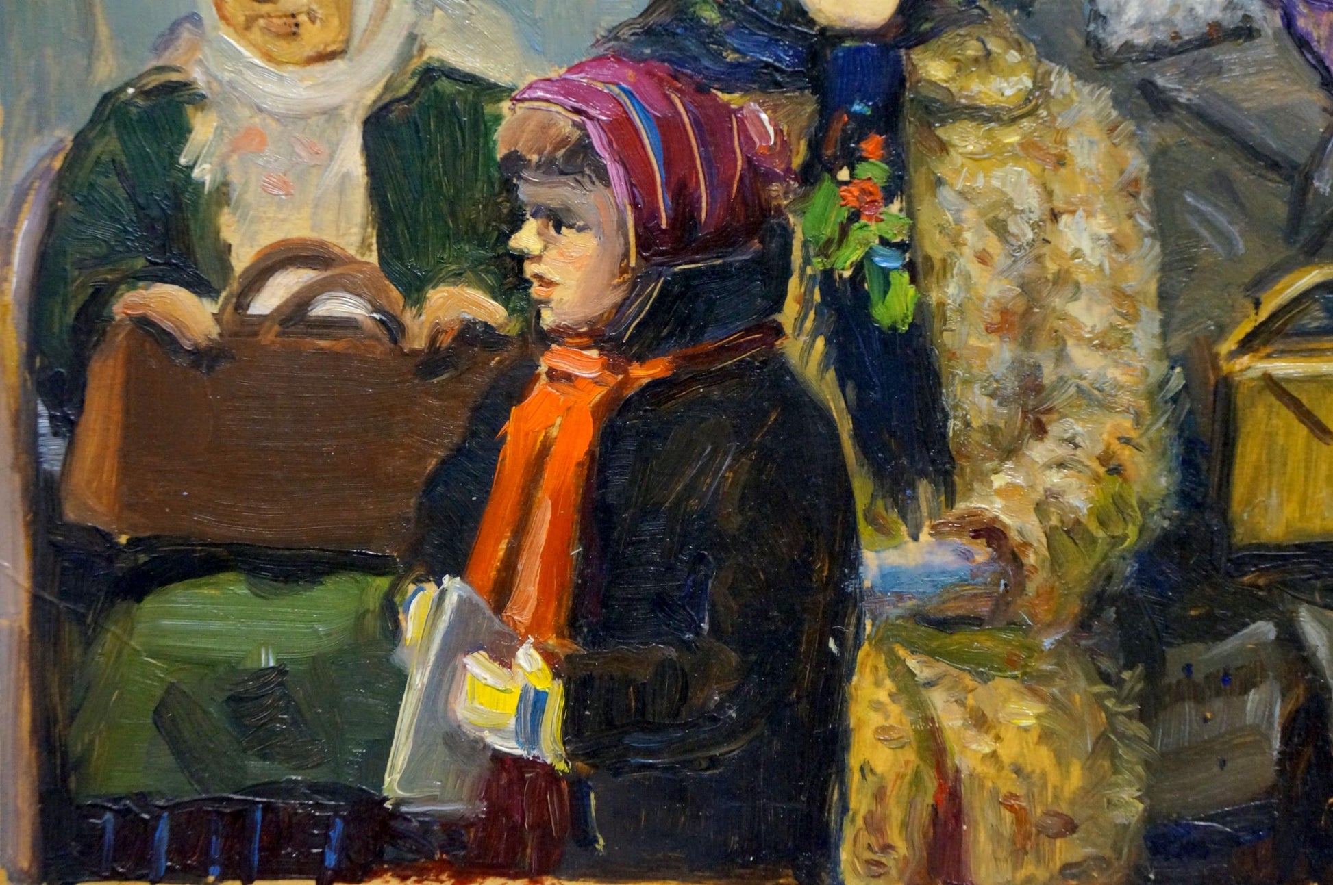 Oil painting by Popov Igor Alexandrovich: girl in pink-purple headscarf
