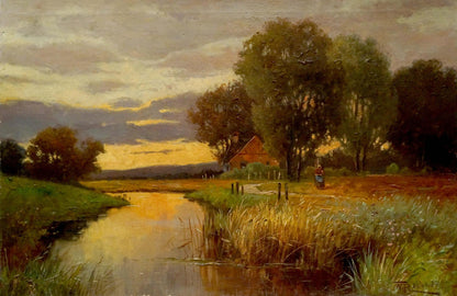 Oil painting Evening sunset: serene rural landscape with golden river light