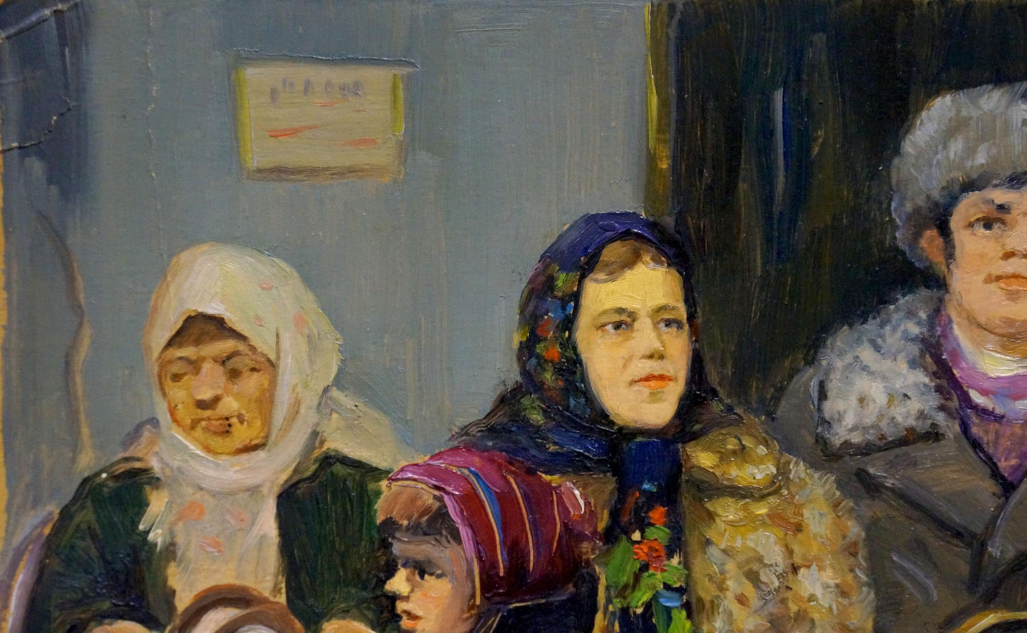 Oil painting of woman in blue floral headscarf by Popov Igor Alexandrovich