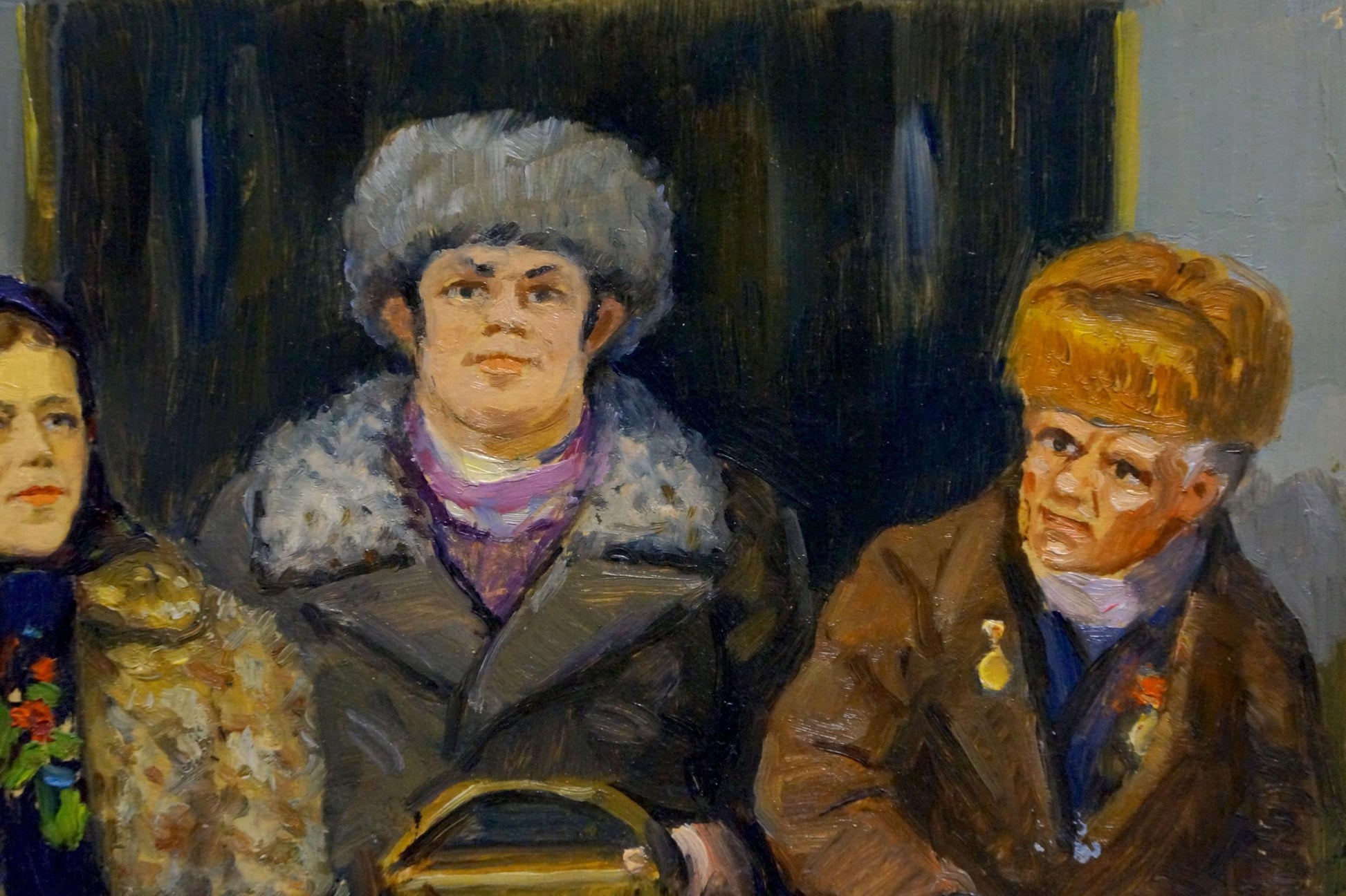 Oil painting by Popov Igor Alexandrovich: woman in gray fur hat, dark coat, purple scarf holding golden-handled handbag