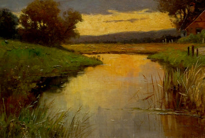 Oil painting Evening sunset: serene river reflecting golden hues on lush banks