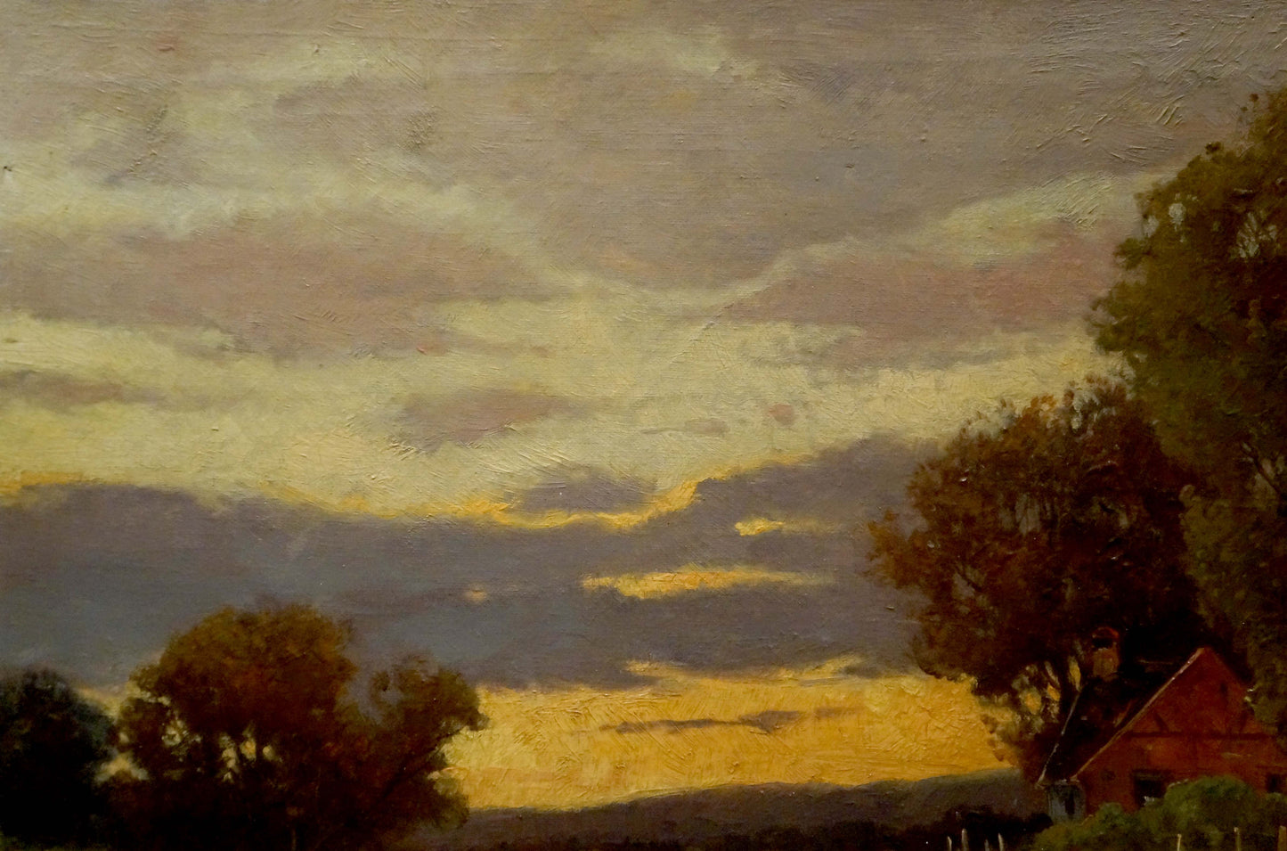 Oil painting Evening sunset with golden clouds over silhouetted trees