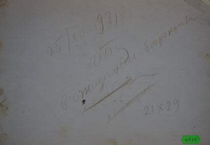 Handwritten notes in dark ink on back of Popov Igor Alexandrovich oil painting