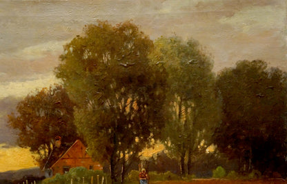 Oil painting of rustic red-roofed cottage among green trees at evening sunset