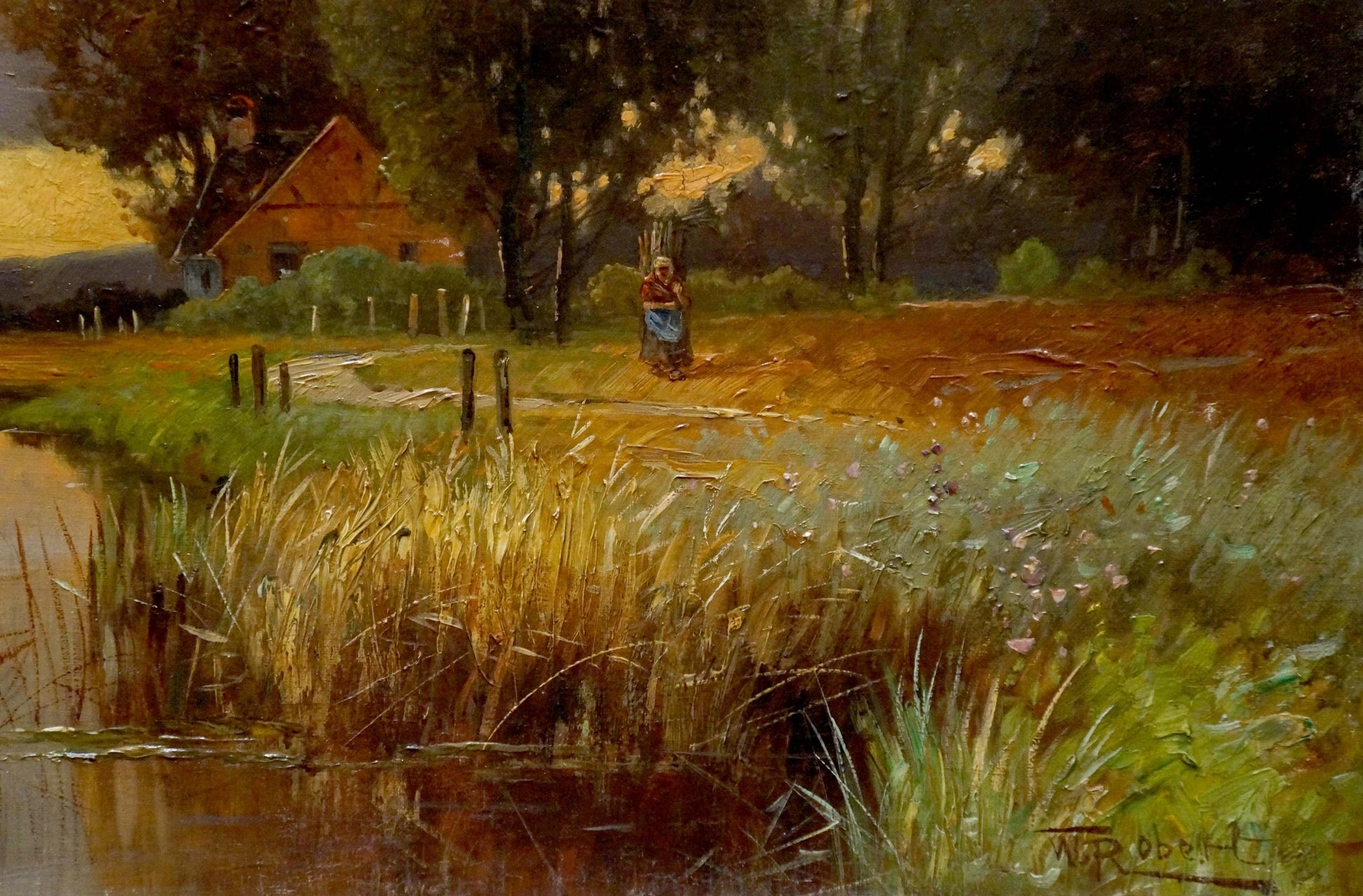 Oil painting Evening sunset of rustic wooden house among trees in golden light