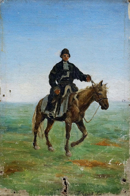 Rustic oil painting of man on brown horse in green field under blue sky