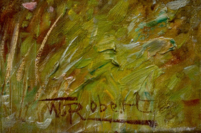 Oil painting Evening sunset with textured green, yellow, brown strokes