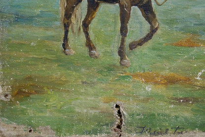 Oil painting of man on horse showing legs in motion with textured brushstrokes