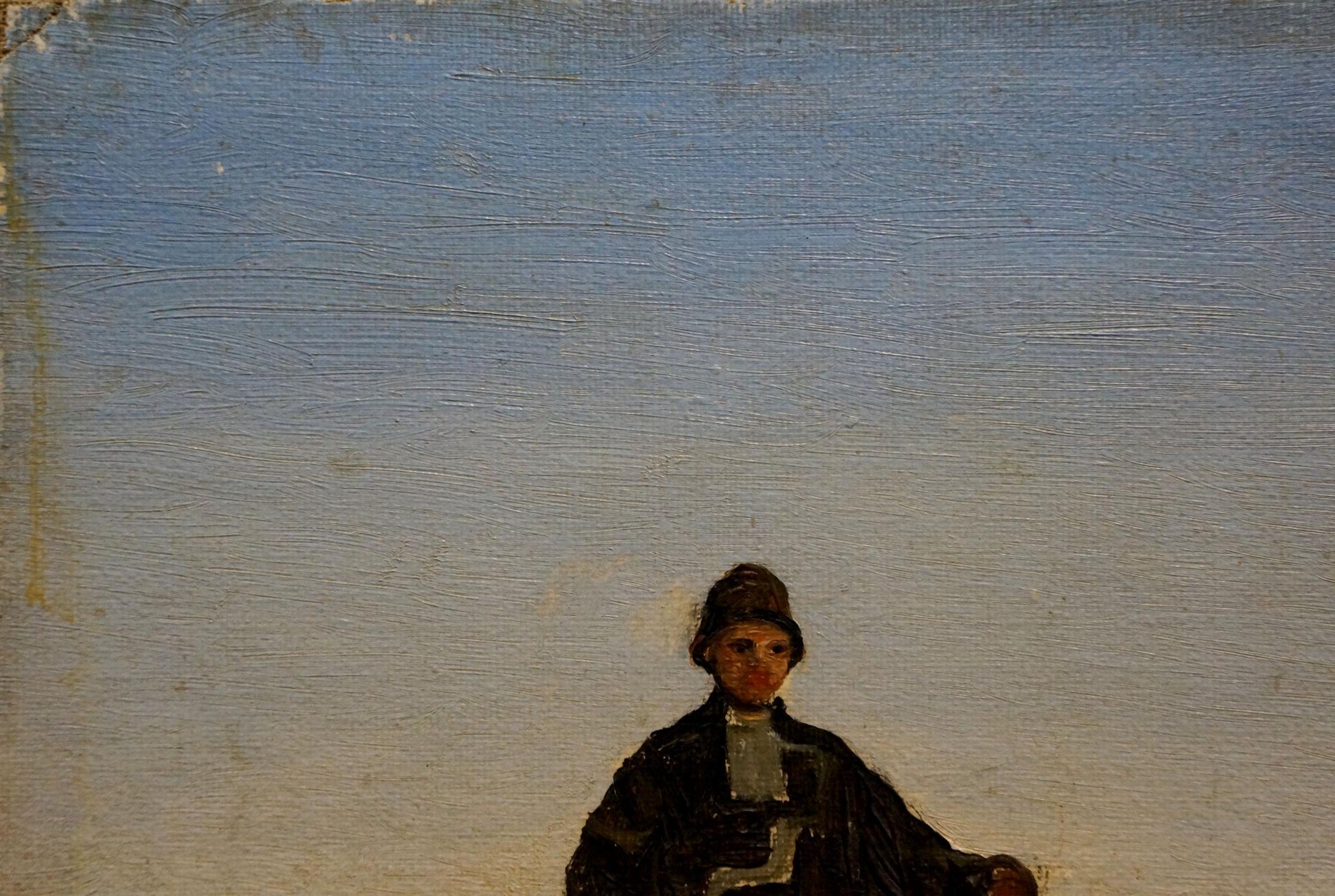 Oil painting of man on horse in dark attire and hat against muted blue sky