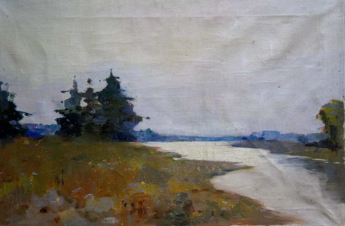 Oil painting landscape by Stavropol artist: impressionistic river with evergreens