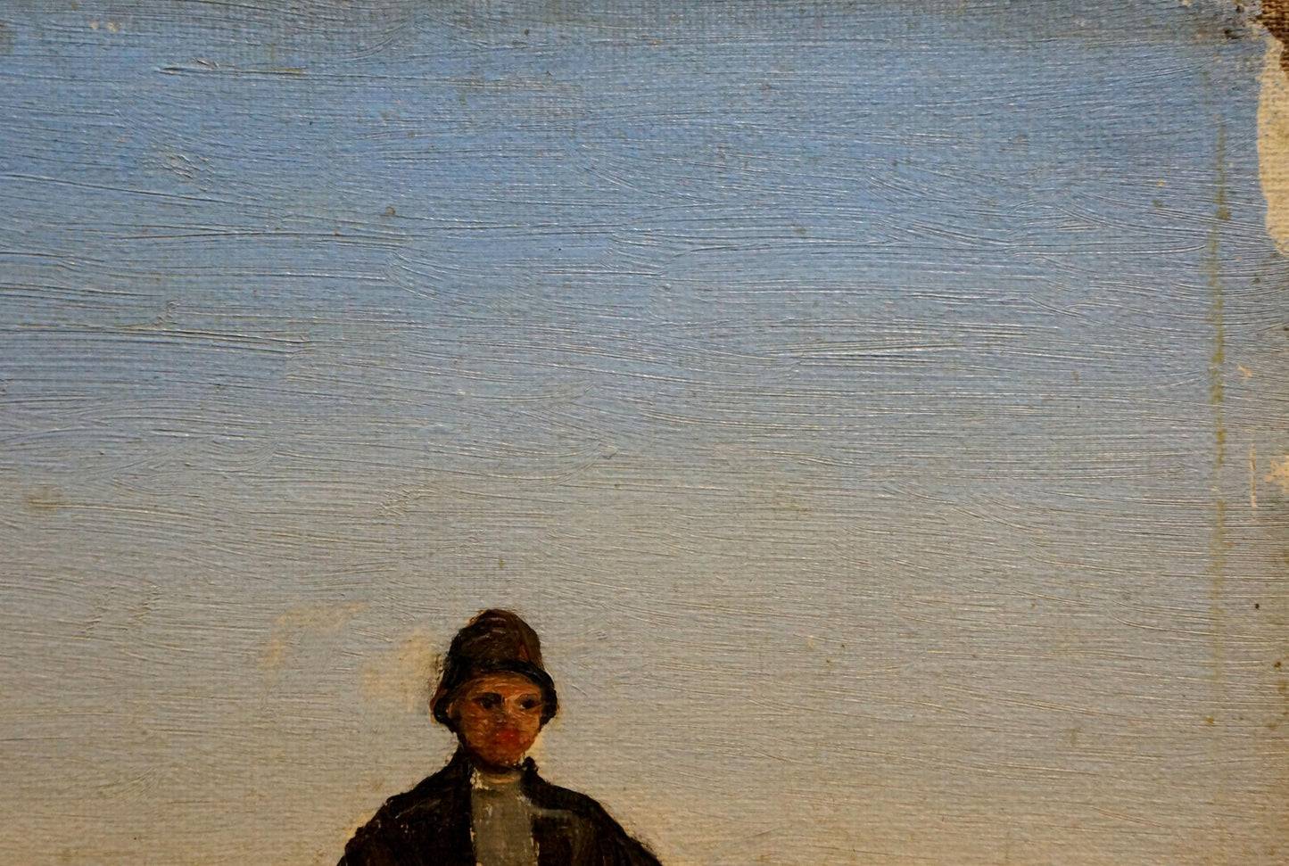 Oil painting of man on horse in dark hat and coat against blue sky
