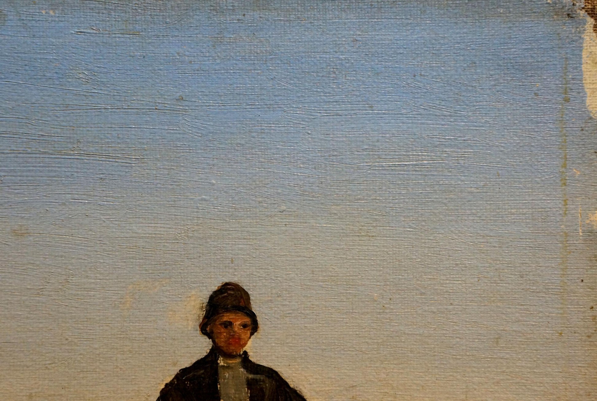 Oil painting of man on horse in dark hat and coat against blue sky