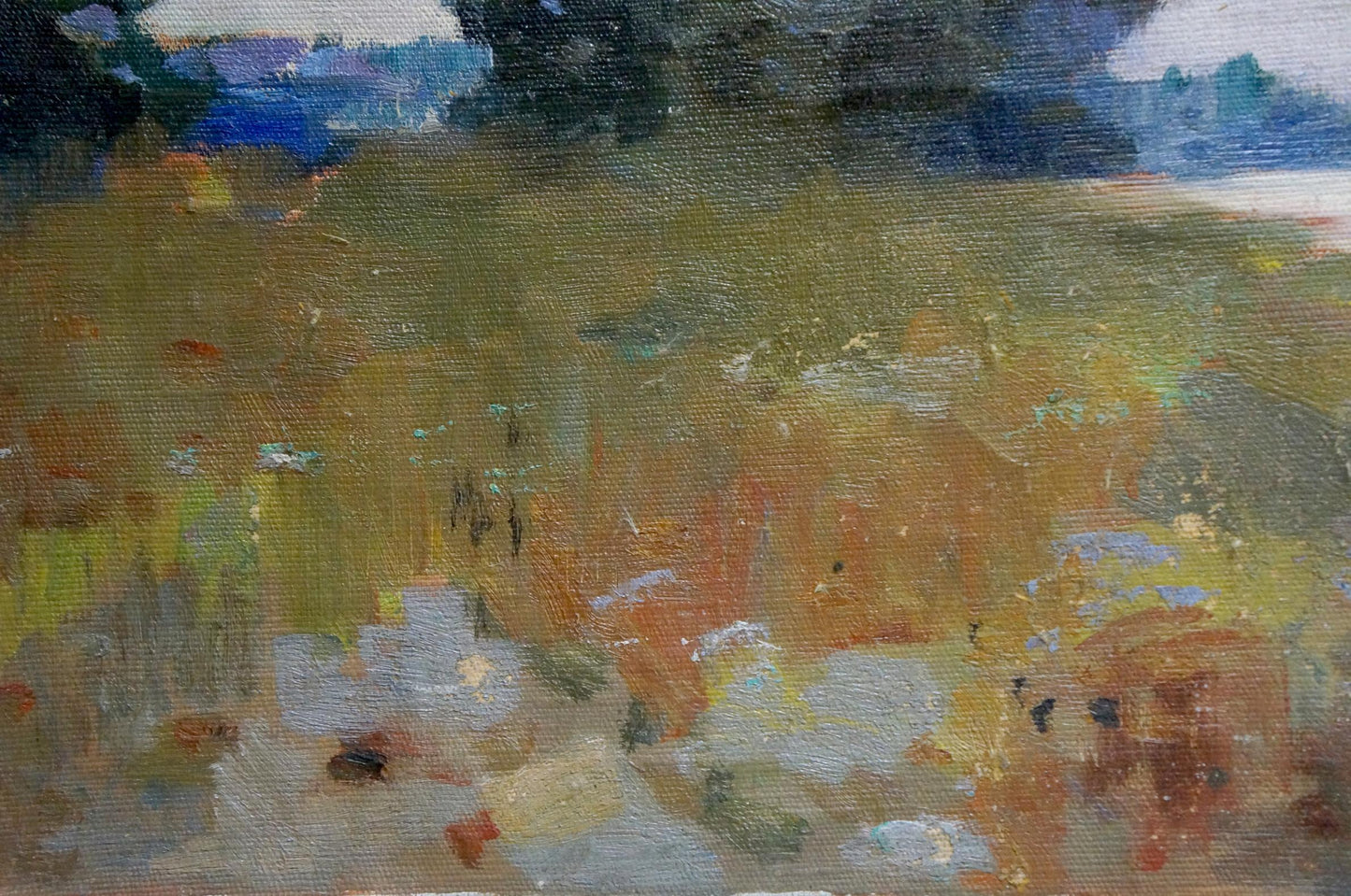 Impressionistic oil painting of Stavropol landscape field in greens and yellows