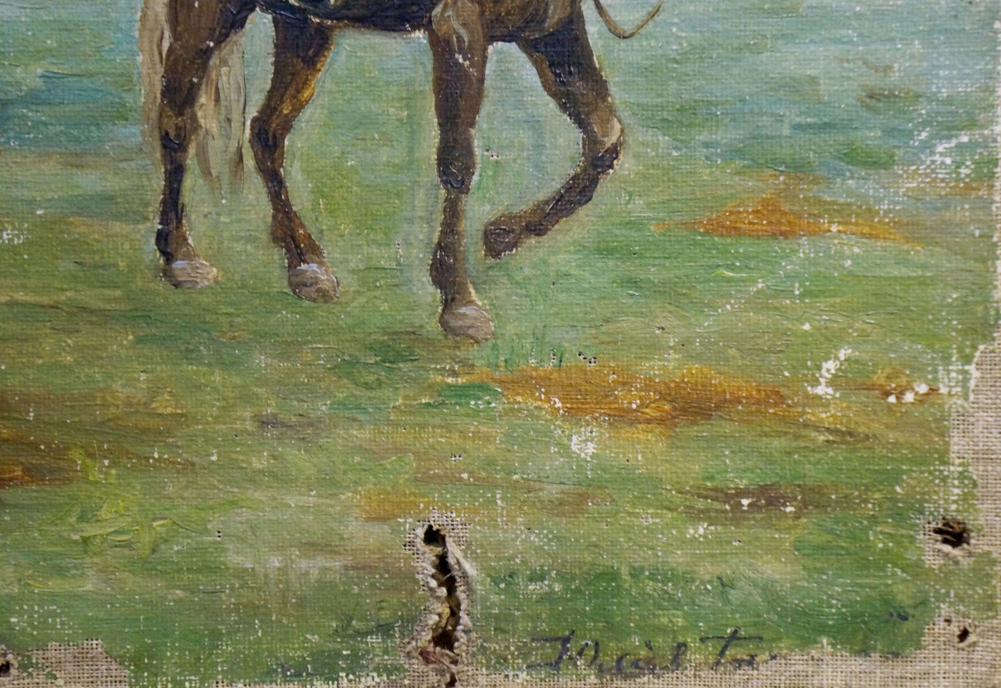Impressionistic oil painting of man on brown horse with white mane in green field