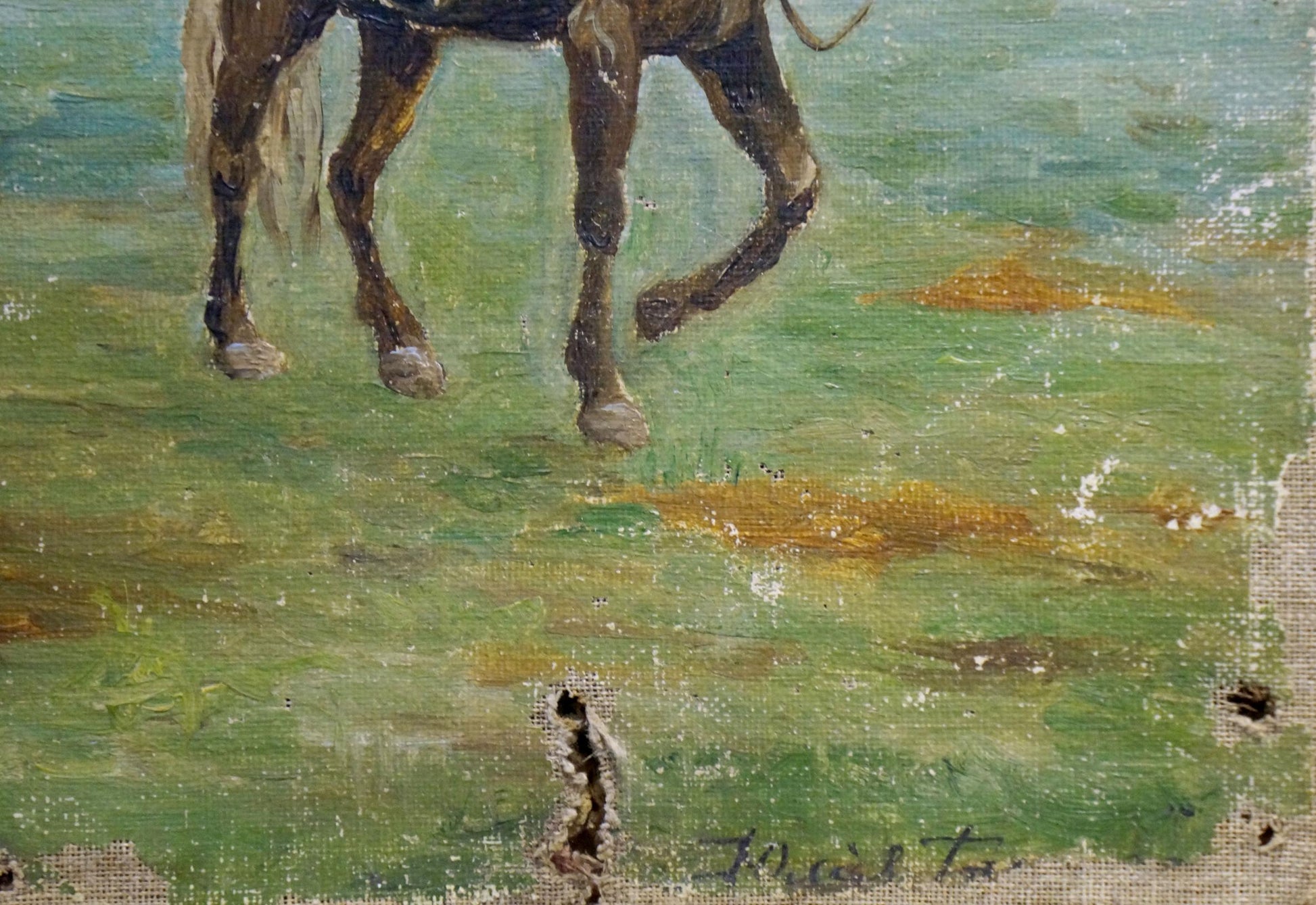 Impressionistic oil painting of man on brown horse with white mane in green field
