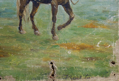 Impressionistic oil painting of man on brown horse with white mane in green field
