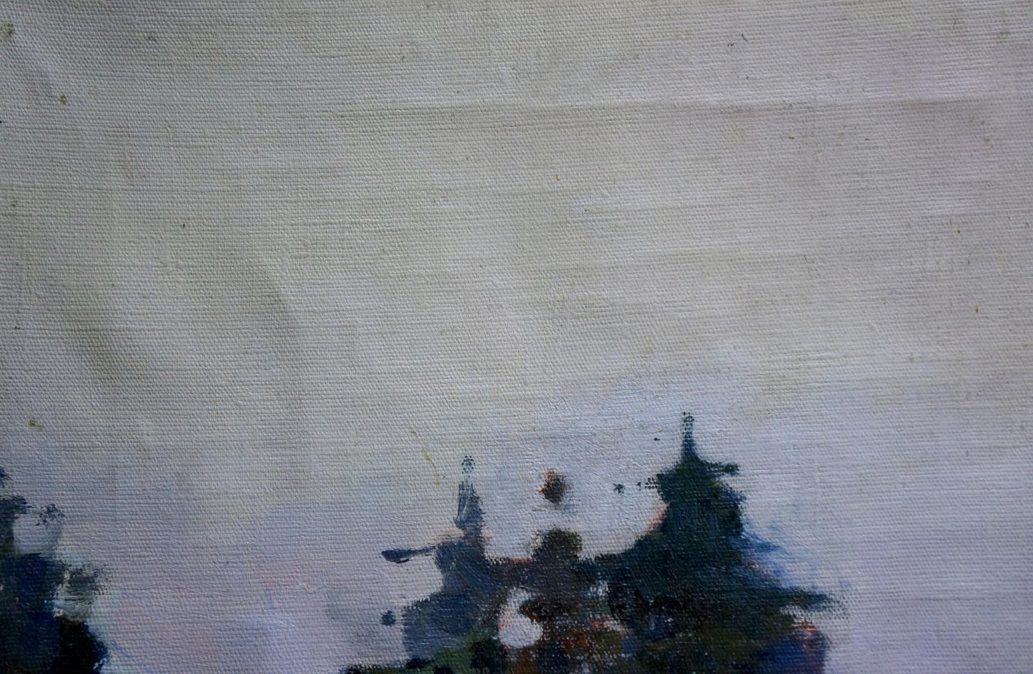 Oil painting Landscape Stavropol artist: abstract tree silhouettes on gray canvas